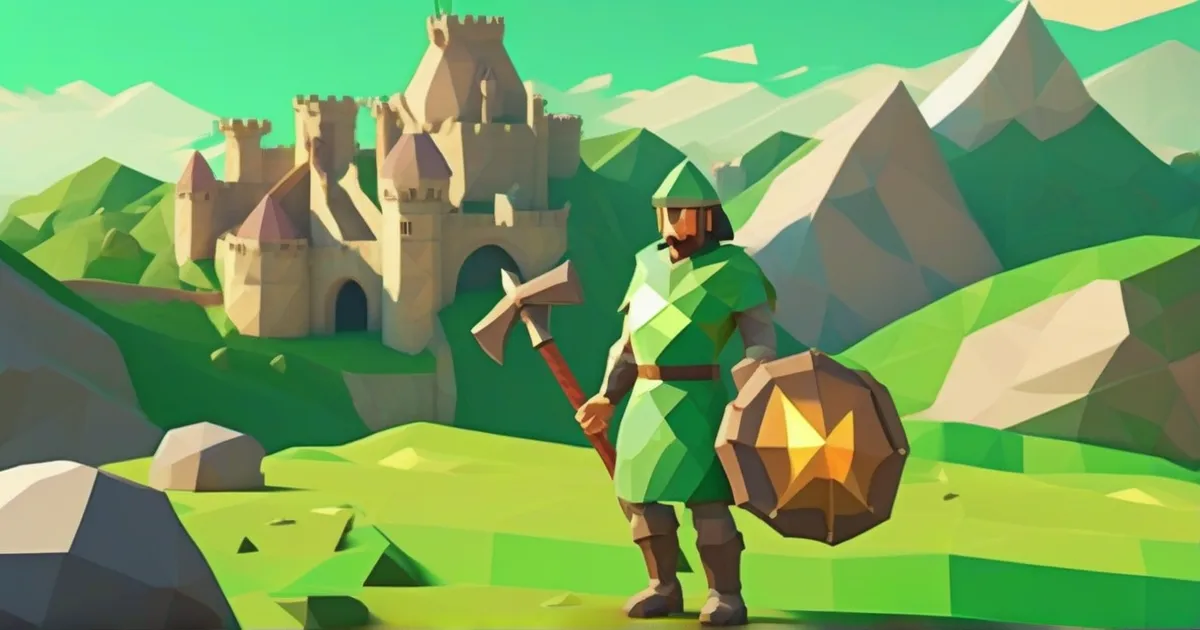 Low-poly adventurer with a pickaxe and shield in front of a castle on green hills