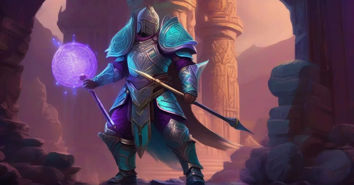 Warrior in glowing ornate armor holding a magic staff in ancient ruins